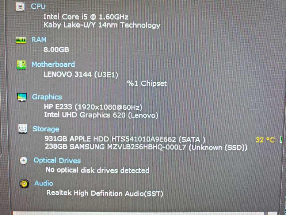 Lenovo ThinkCentre M630e i5-8265U 1.60GHz 8GB RAM 256GB NVMe 1TB HDD WIFI