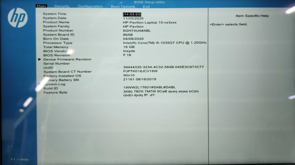 HP Pavilion 15-cs3003ca 15.6", i5-1035G7 1.2GHz, 16GB DDR4, 256GB NVMe  Lap200