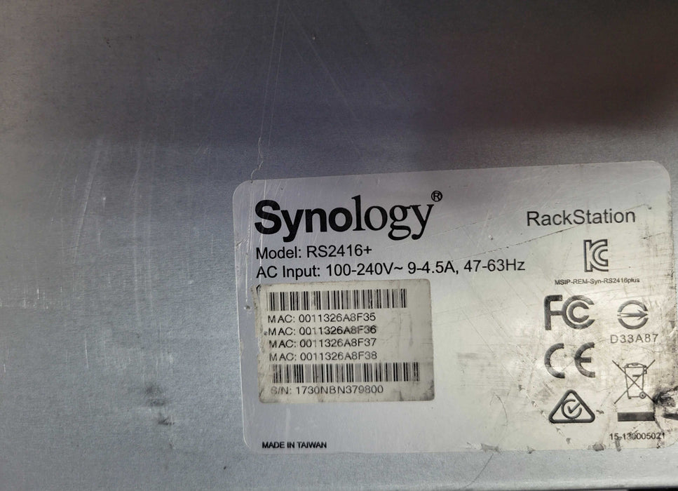 Synology RS2416+ 2U RackStation 12-Bay NAS 12x 3.5" HDD Bays 3x 3TB HDD _