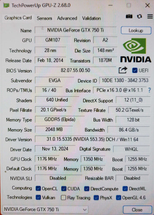 EVGA GeForce GTX 750Ti SC 2GB GDDR5 Graphics Card Q
