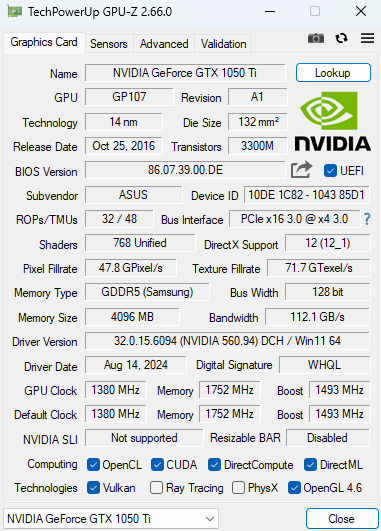 ASUS ROG Strix GTX 1050Ti 4GB Graphics Card - 1xHDMI 1xDP 2xDVI