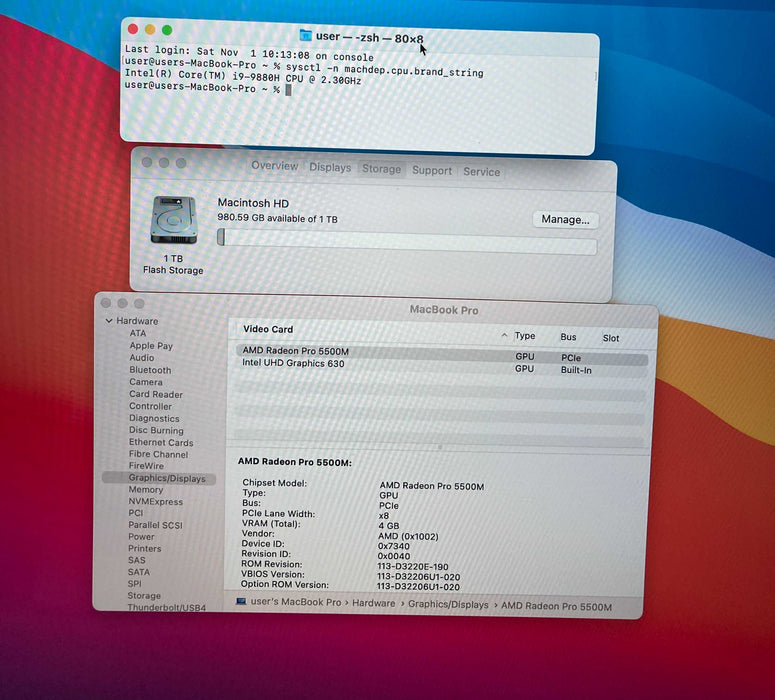 Apple MacBook Pro 16" 2019 i9-9880H Radeon PRO 5500M 16GB RAM 1TB SSD READ!