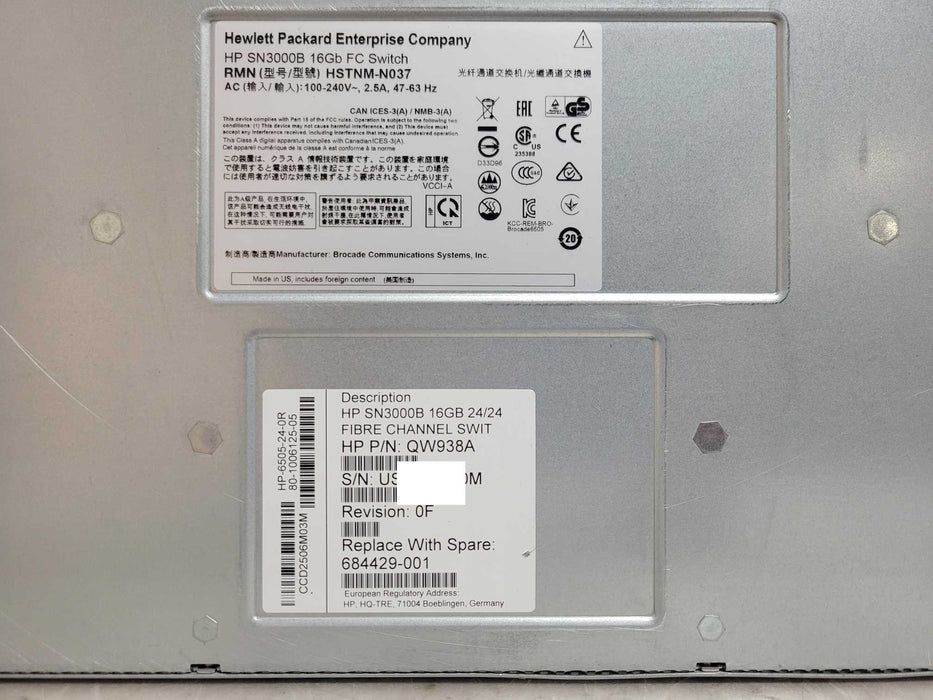 HP SN3000B 16Gb 24/24 FC Switch QW938A 24-Ports active, 2x PSU _