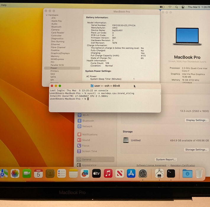 Apple MacBook Pro 13'' 2020 i7-1068NG7 16GB 512SSD No Power Adapter READ