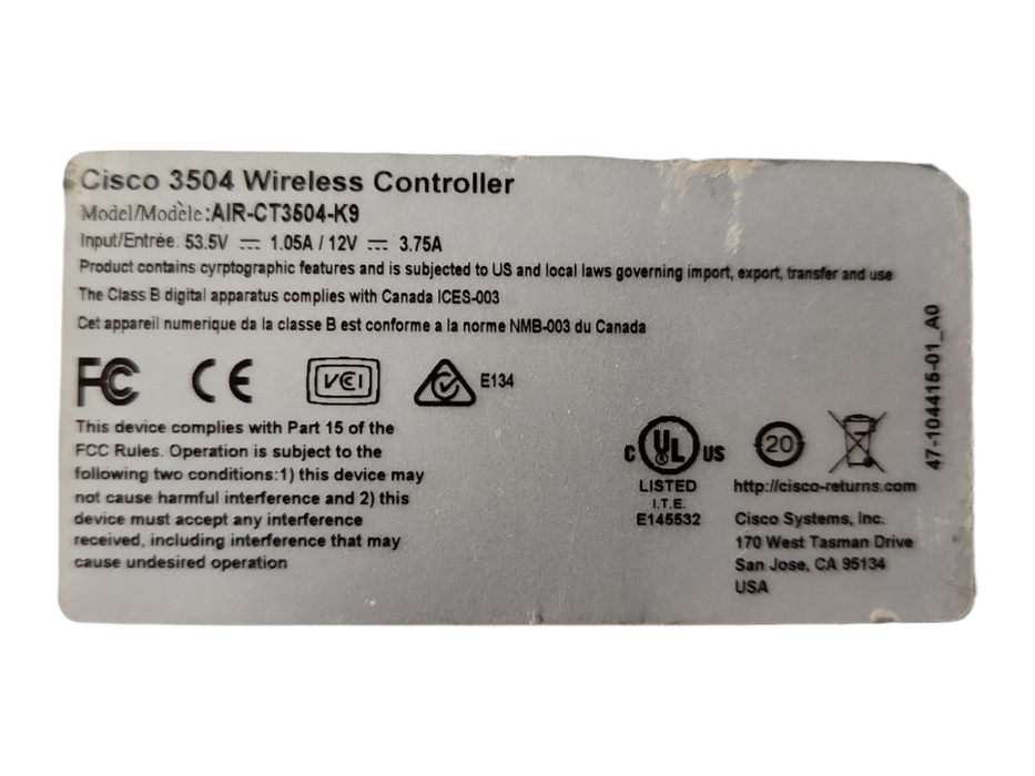 Cisco AIR-CT3504-K9 V01, 3504 IEEE 802.11ac Wireless LAN Controller