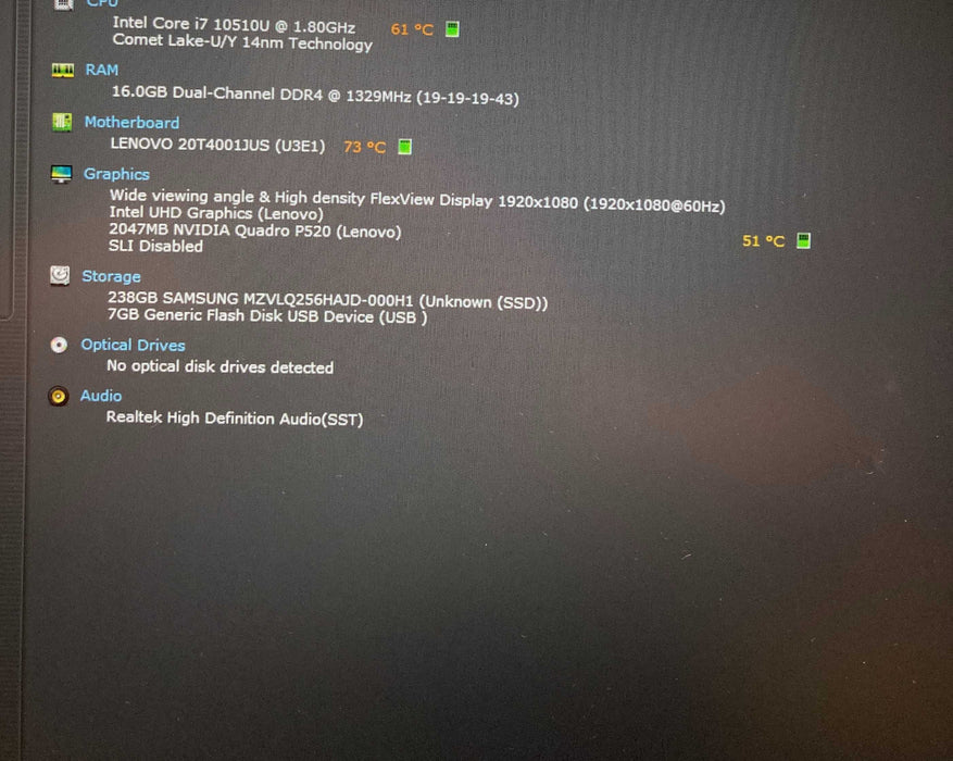 Lenovo ThinkPad P15s Gen 1 i7-10510U QUADRO P520 2GB GPU 16GB RAM 256GB SSD  Lap200