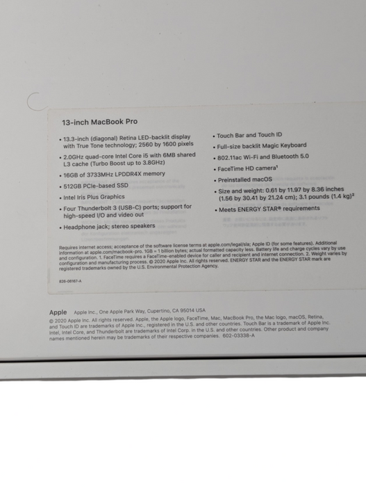 Apple MacBook PRO 13-inch 2020 A2251 Intel i5-1038N 16GB RAM 512GB Storage  -