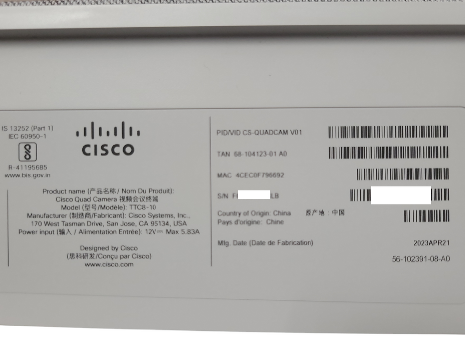 Cisco CS-QUADCAM V01 Quad Camera Webex Conference TTC8-10 Q_