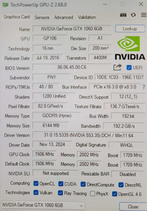 PNY GeForce GTX 1060 6GB GDDR5 PCIe 3.0 Graphics card _