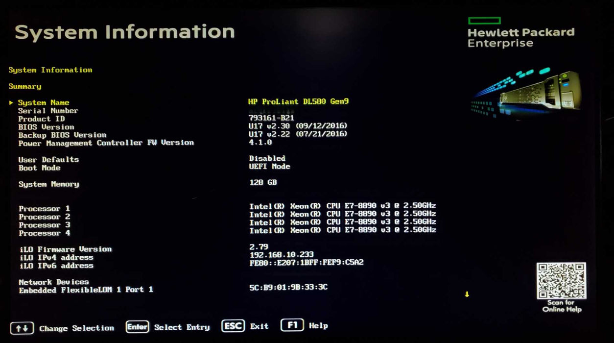 HP DL580 Gen9 4x Xeon E7-8890 v3 128GB DDR4 P830i - No HDD