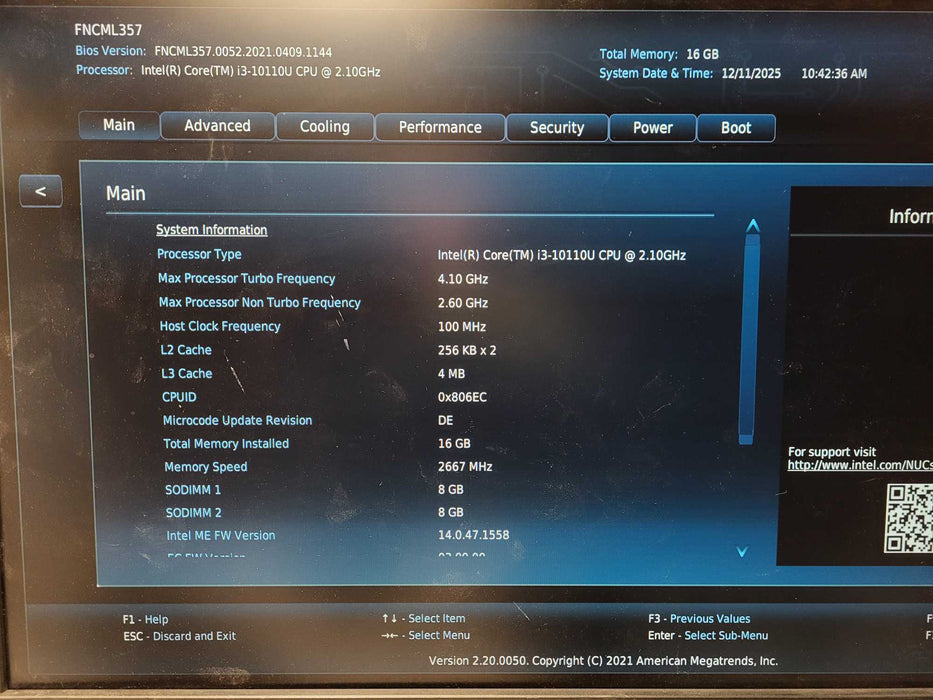 Intel NUC Mini PC BXNUC10i3FNKN2 i3-10110U CPU 16GB DDR4 250GB SSD No AC $