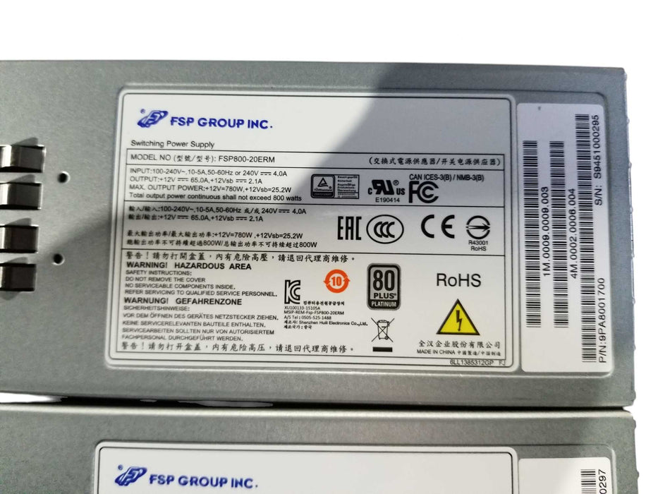 Lot 2x FSP GROUP FSP800-20ERM 800W POWER SUPPLY P/N 9PA8001700