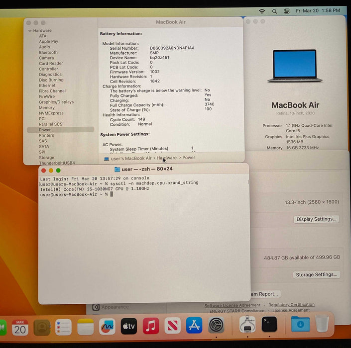 Apple MacBook Air 13" 2020 i5-1030NG7 16GB 512SSD No Power Adapter READ