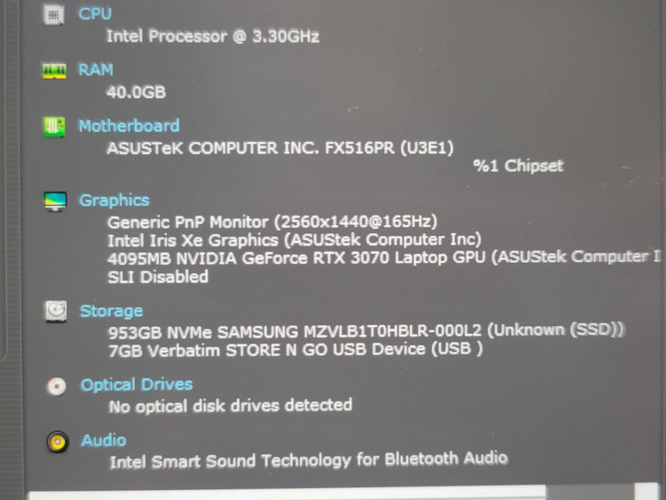 ASUS TUF516P Gaming Laptop i7-11320H 40GB DDR4 RTX 3070 1TB NVMe β Lap200