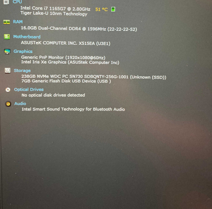Asus VivoBook X515 Core i7-1165G7@2.8GHz 16GB RAM 256GB SSD Q Lap200