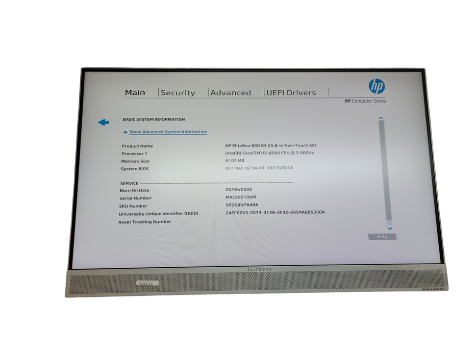 HP Eliteone 800 G4 23.8in AIO Intel i5-8500@3.00GHz 8GB NO-HDD/SSD, NO STAND