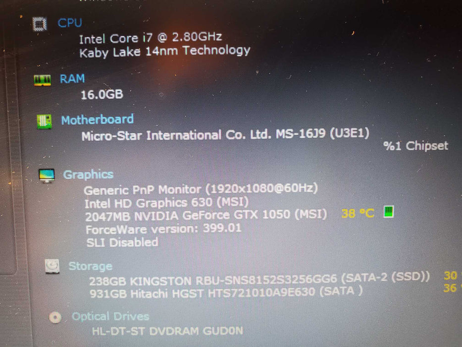 MSI GL62M 7RDK i7-7700HQ 16GB SSD/256GB 1TB HDD GTX1050 2gb READ  Lap200