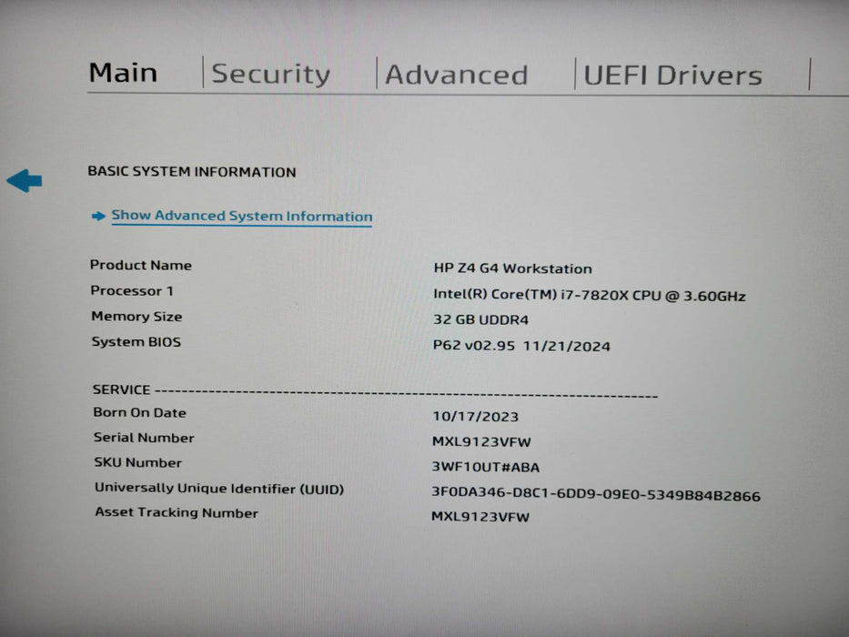 HP Z4 G4 Workstation, i7-7820X 3.60GHz, 32GB DDR4, 1TB SSD, NO GPU READ !