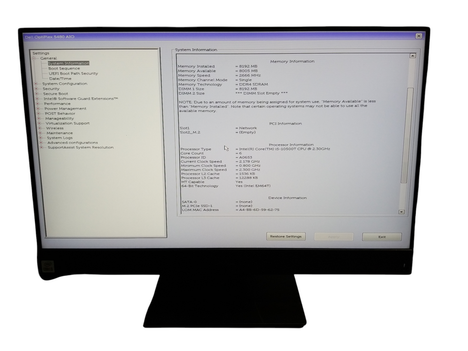 Dell OptiPlex 5480 AiO Intel i5-10500T CPU 2.30GHz 8GB RAM No HDD