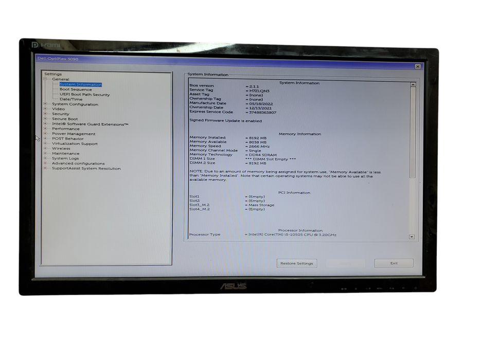 Dell Optiplex 3090, i5-10505@3.2GHz, 8GB DDR4, 256GB NVMe, no OS
