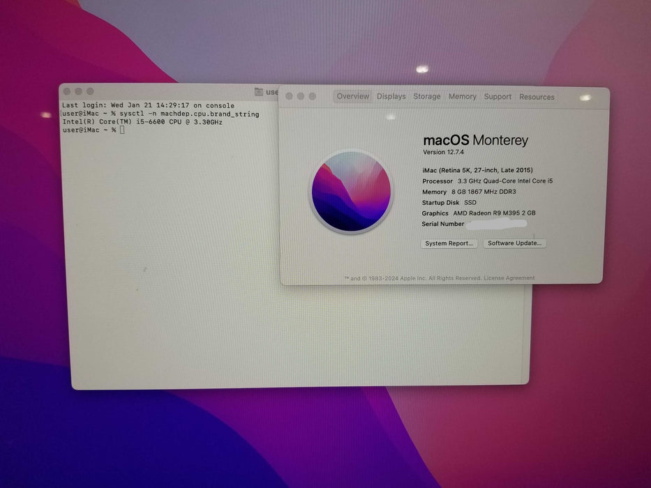 Apple iMac 27" Retina 5K 2015  i5-6600 CPU 3.30GHz, 8GB RAM - 2TB/120GB
