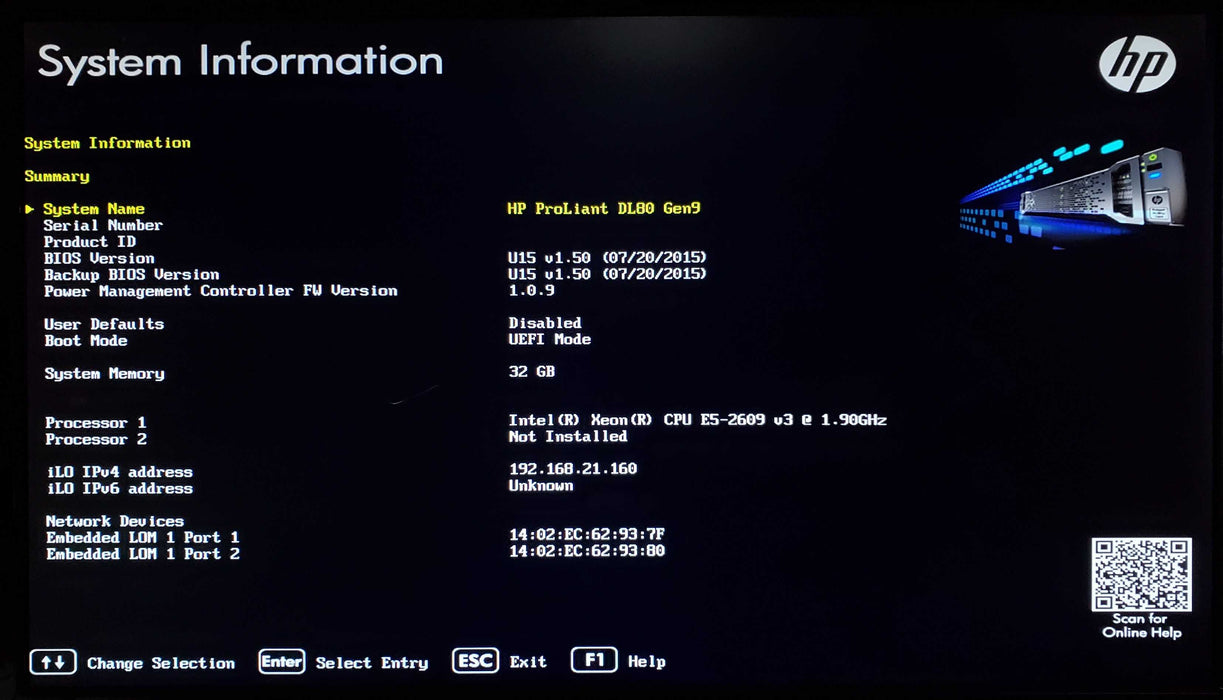 HP DL80 Gen 9 1x Xeon E5-2609 v3 32GB DDR4 B140i - No HDD