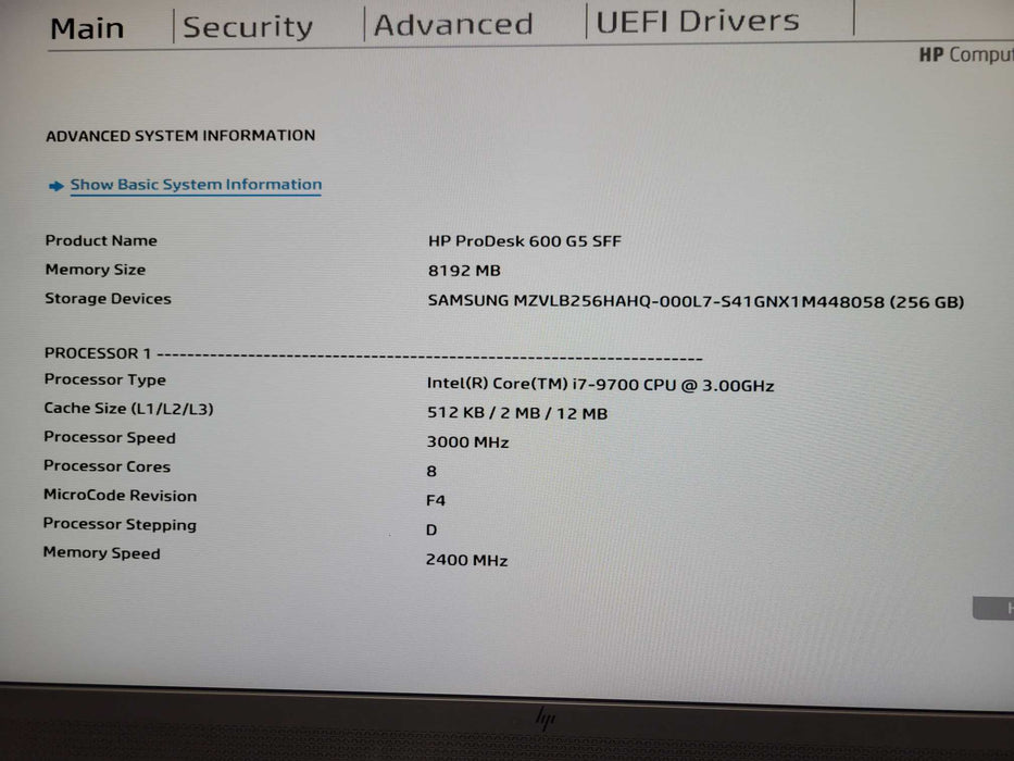 HP ProDesk 600 G5 SFF, Core i7-9700 CPU 3.00GHz, 8GB RAM, 256GB Nvme _