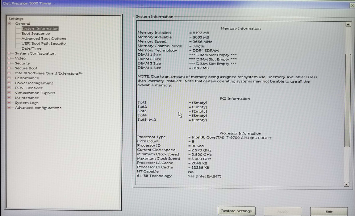 Dell Precision 3630 Tower Intel i7-9700 CPU 3.0GHz 8GB RAM No HDD