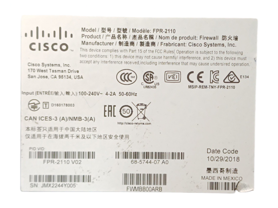 Cisco FPR-2110 v02 FirePower Security Appliance With 100GB SSD w/ Rack Ears