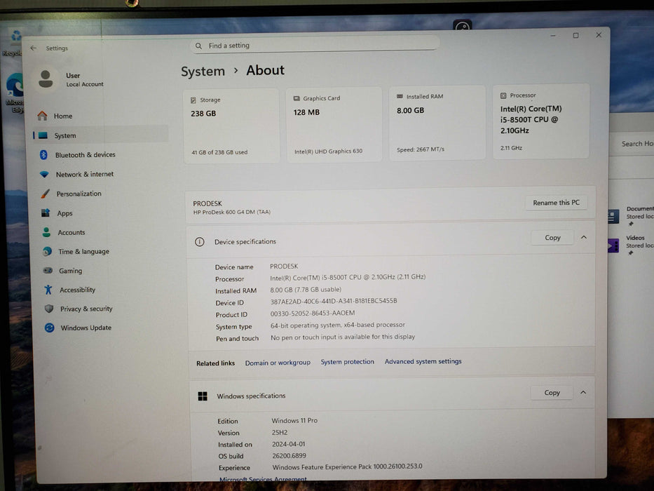 HP ProDesk 600 G4 - Core i7-8500T 8GB 256GB SSD