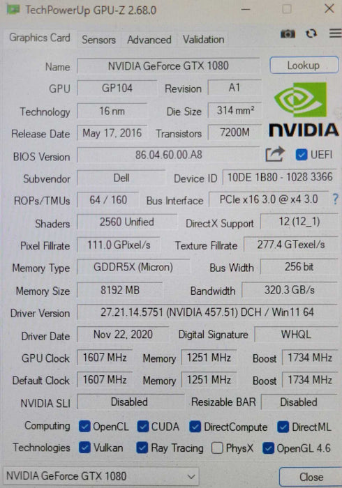 NVIDIA GeForce GTX 1080 8GB GDDR5X Graphics card, HDMI/DVI/Display _