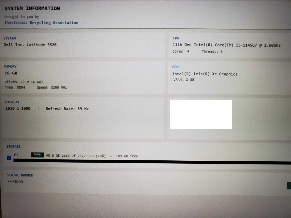 Dell Latitude 5520 15.6 FHD TOUCH i5-1145G7 2.6GHz 16GB 256GB NVMe SSD  Lap200