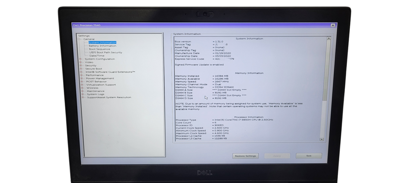 Dell Precision 7540 i7-9850H|16GB DDR4|256GB NVME|W/AC READ  Lap200
