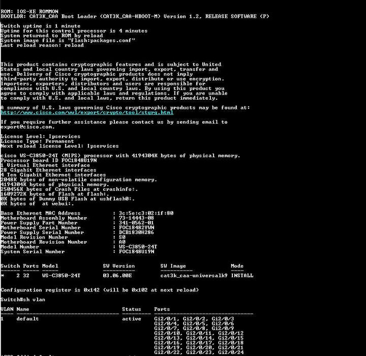 Cisco Switch WS-C3850-24T-E V04 with 1xPWR-C1-350WAC, READ _