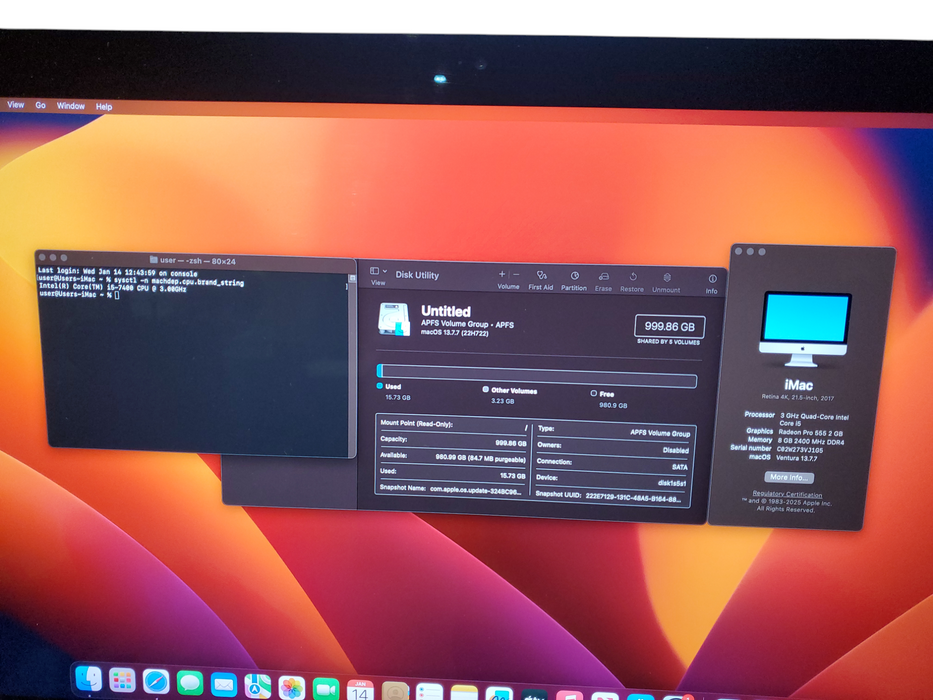 Apple iMac 21.5 4K A1418 2017 Core i5-7400 3.0GHz 8GB RAM 1TB HDD