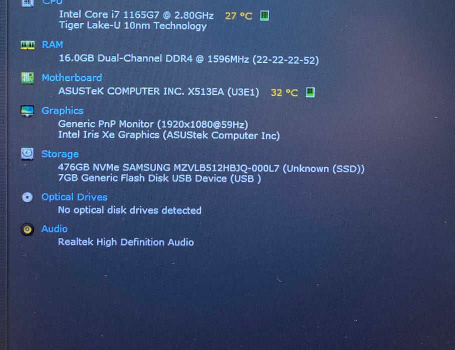Asus VivoBook X513A Core i7-1165G7@2.8GHz 16GB RAM 512GB SSd  Lap200