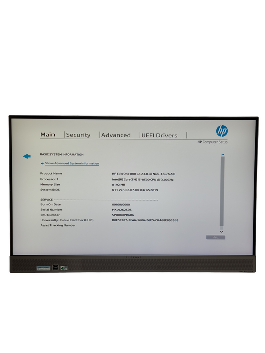 HP Eliteone 800 G4 23.8in AIO Intel i5-8500@3.00GHz 8GB NO-HDD/SSD, NO STAND