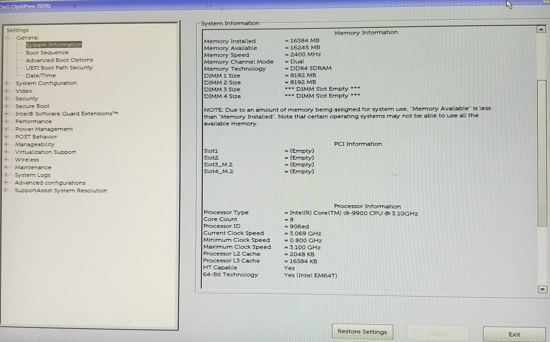 Dell OptiPlex 7070 SFF, Core i9-9900 CPU 3.10GHz 16GB RAM - NO HDD Q