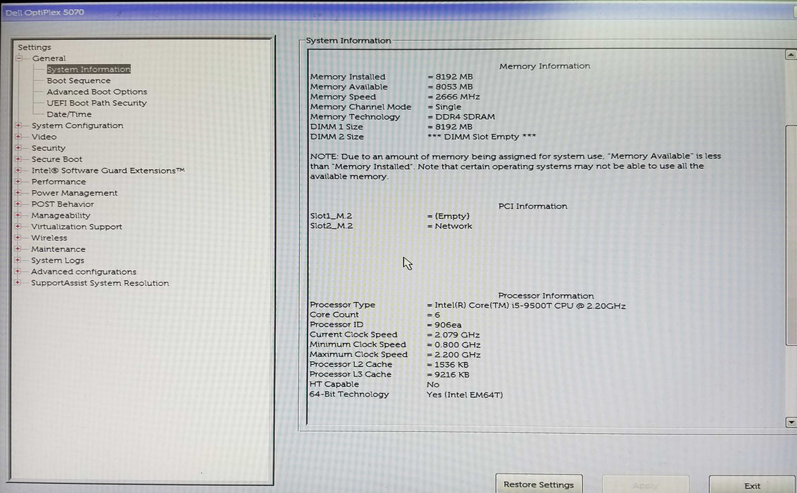 Dell Optiplex 5070 USFF, Intel i5-9500T CPU 2.20GHz 8GB RAM - No HDD Q
