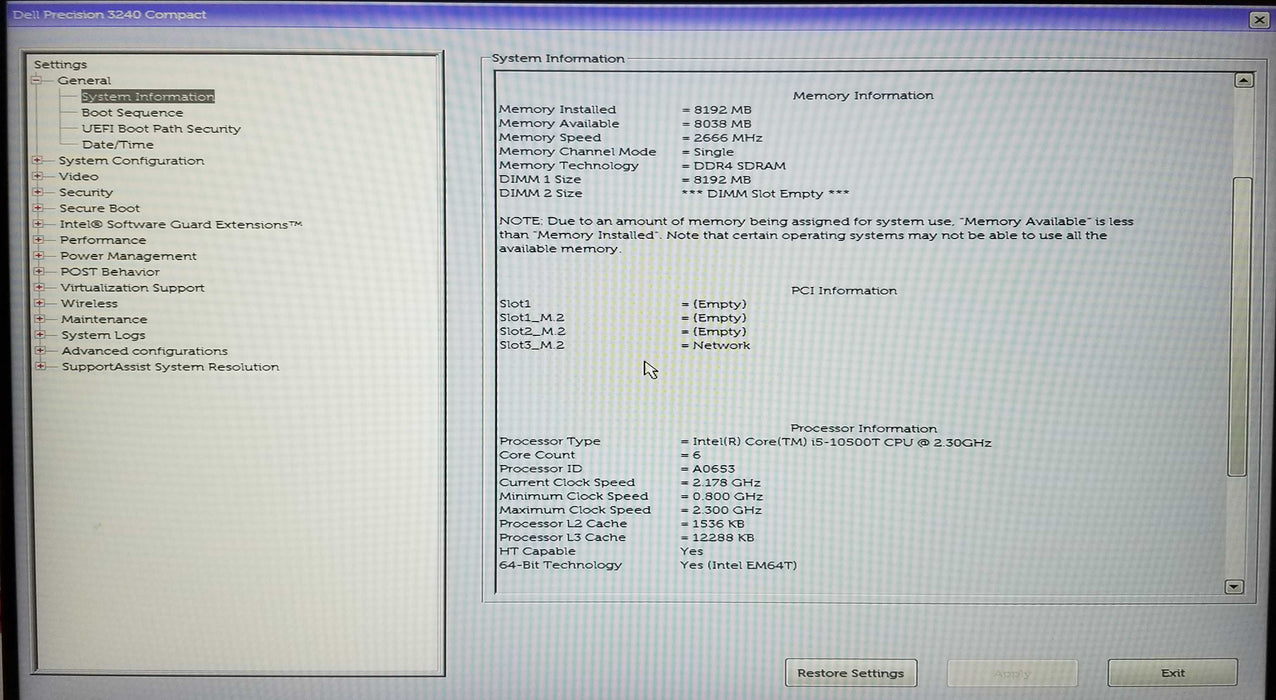 Dell Precision 3240 Compact Core i5-10500T CPU 2.30GHz 8GB RAM - No HDD/SSD Q