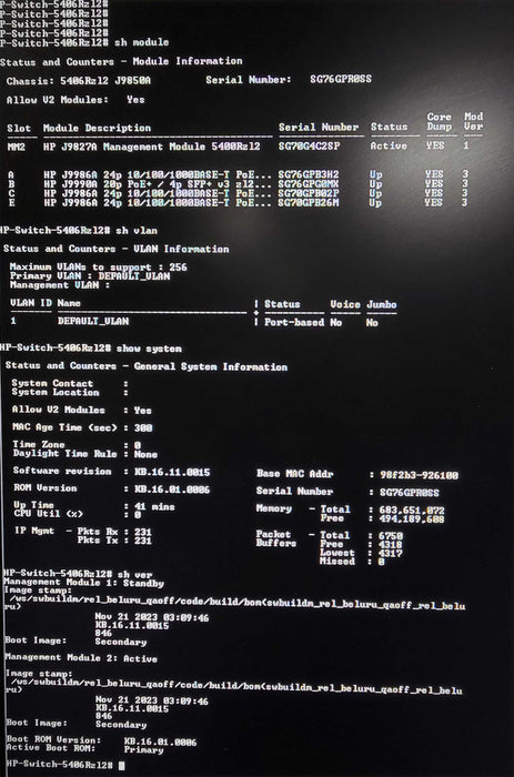 HPE Aruba J9850A 2x Management Module 3x J9986A, 1x J9990A, 2x J9830B PSUs _