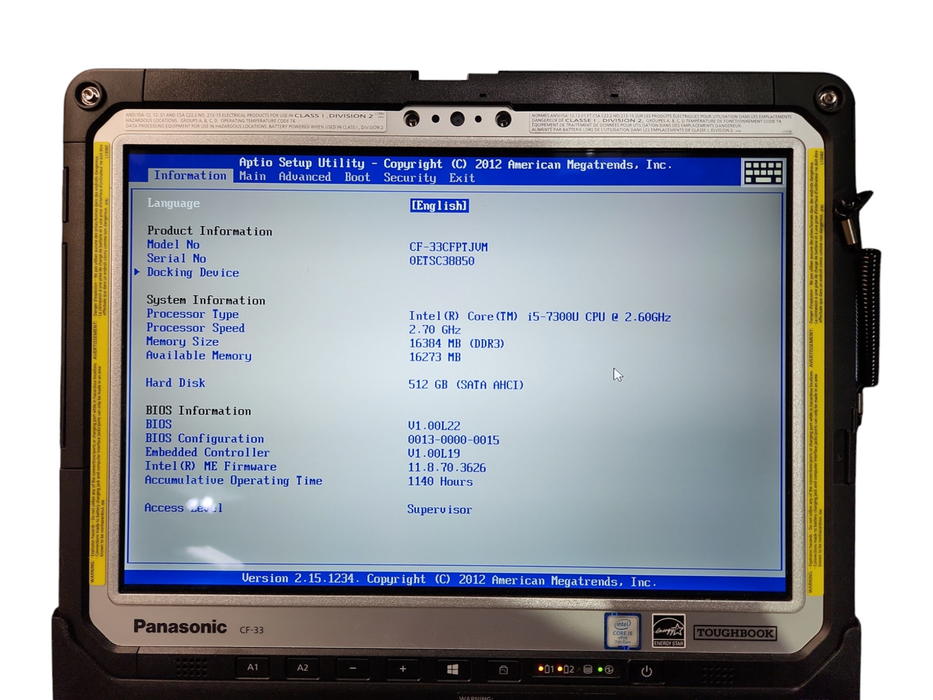 Panasonic Toughbook CF-33, i5-7300U, 16GB RAM, 512GB, 1140 Hours  Lap200