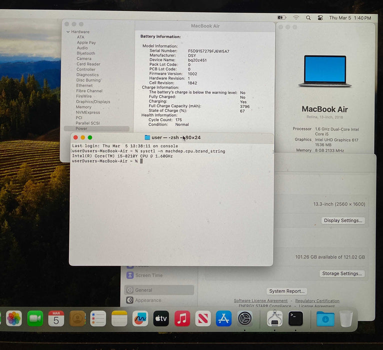 Apple MacBook Air 13" 2018 i5-8210Y 8GB 128SSD No Power Adapter READ