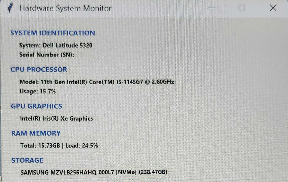 Dell Latitude 5320, i5-1145G7 @ 2.60GHz, 16GB DDR4, 256GB NVMe, No AC  Lap200