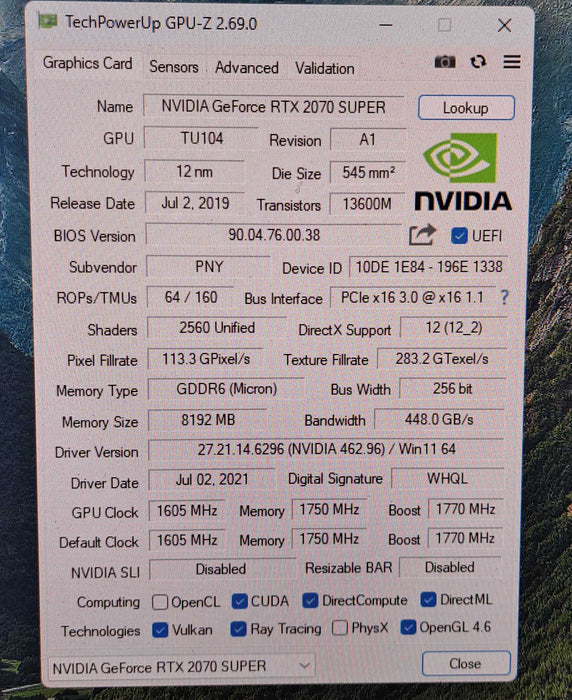 PNY GeForce RTX 2070 Super 8GB GDDR6 Graphics Card )