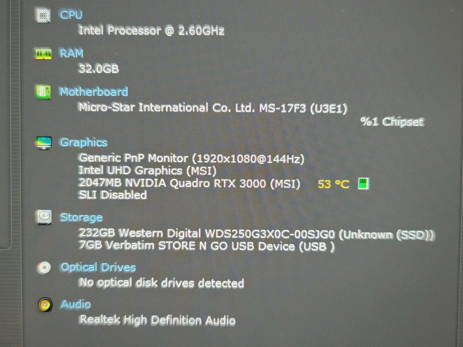 MSI WF75 Workstation i7-10750H 32GB DDR4 RTX 3000 256GB NVMe Bad battery  β Lap200
