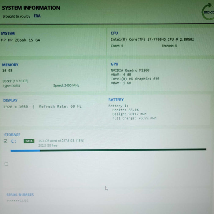 HP ZBook 15 G4 i7-7700HQ 16GB RAM Quadro M1200 256GB SSD READ β Lap200 β Lap200