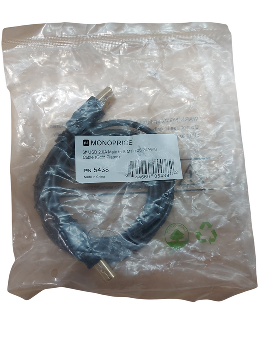 Lot 2x Monoprice USB-A to USB-B 2.0 Cable - 28/24AWG Gold Plated Black 6FT