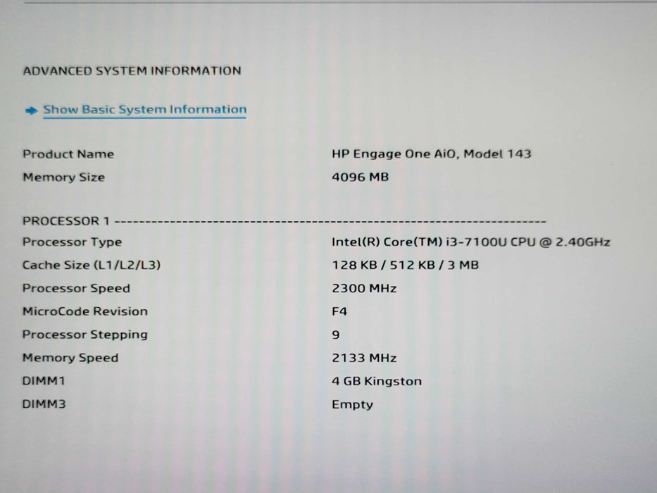 HP ENGAGE ONE 143 14" AIO POS SYSTEM Core I3-7100U, 4GB, 128GB, SEE _
