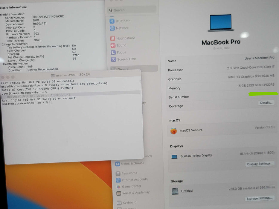 Apple MacBook Pro 15" 2019 i7-7700HQ 16GB RAM 250GB SSD READ β